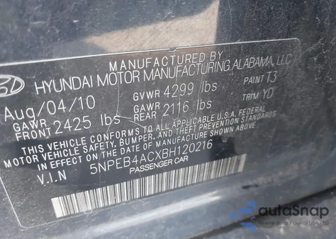 2011 Hyundai Sonata Gls z USA, uszkodzony, nr VIN 5NPEB4ACXBH120216